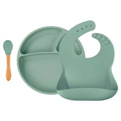 Puériculture-Coffret repas Comme un grand - Assiette Cuillère Bavoir - Vert amande - Silicone alimentaire