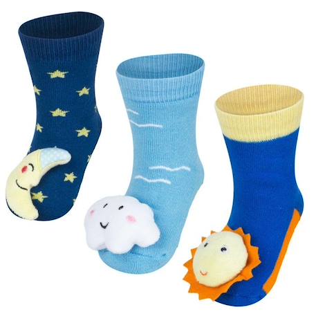 Bébé-Chaussettes d'éveil pour bébé - Sevira Kids - Céleste - Bleu - Lot de 3 paires avec hochets peluches cousus main