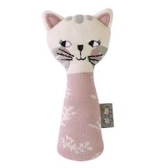 -Hochet tricoté en coton bio - SEVIRA KIDS - Chaton - Rose - 0 mois - Naissance - 14,5 cm x 6,6 cm