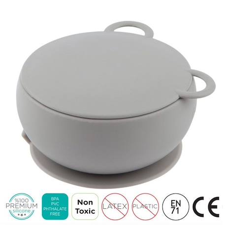 Bol bébé avec ventouse et couvercle en silicone - Gris GRIS 2 - vertbaudet enfant 