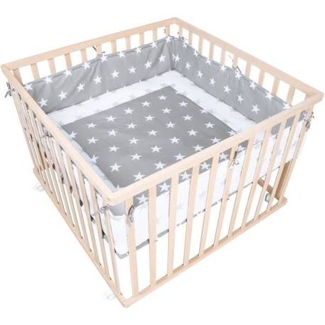 ROBA Parc Bébé 100 x 100 cm Mobile - en Bois Massif Bio - avec Tour de Parc Gris Étoilé - Hauteur Réglable - Naturel BEIGE 1 - vertbaudet enfant 