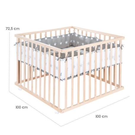 ROBA Parc Bébé 100 x 100 cm Mobile - en Bois Massif Bio - avec Tour de Parc Gris Étoilé - Hauteur Réglable - Naturel BEIGE 3 - vertbaudet enfant 