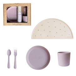 -Coffret cadeau Repas Violet - Couverts - Assiette - Verre - Set de table - Vaisselle bébé et enfants - Mushie