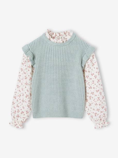 Pull effet 2 en 1 fille manches en gaze de coton vanille+vert de gris 7 - vertbaudet enfant 