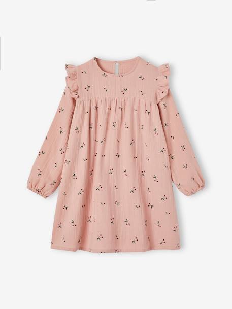 Robe en gaze de coton avec volants épaule rose poudré+vert sapin 1 - vertbaudet enfant 