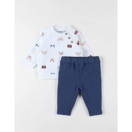 Bébé-Ensemble-Ensemble sweatshirt imprimé animalier + jogging denim écru/bleu