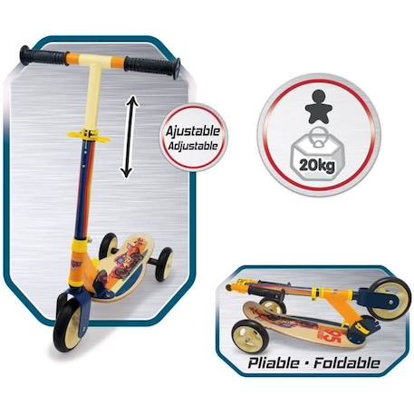 Patinette pliable Smoby Cars - 3 roues silencieuses - plateau bois - Jaune et Multicolore JAUNE 3 - vertbaudet enfant 