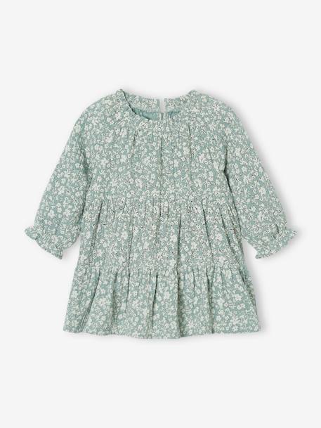 Robe à volants bébé fille en gaze de coton vert sauge+vieux rose 1 - vertbaudet enfant 