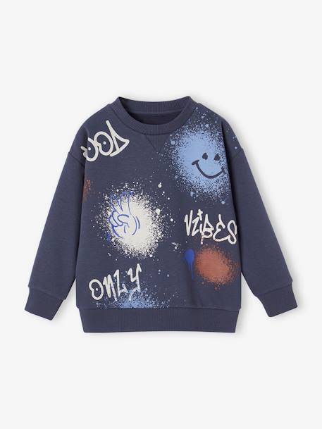 Sweat col rond graffitis garçon bleu nuit+gris chiné 1 - vertbaudet enfant 