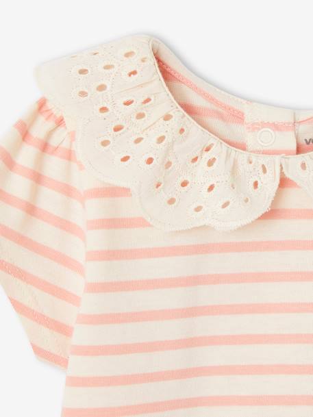 Tee-shirt rayé bébé fille col en broderie anglaise rose 2 - vertbaudet enfant 