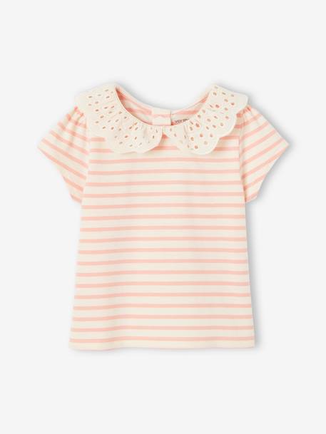 Tee-shirt rayé bébé fille col en broderie anglaise rose 1 - vertbaudet enfant 