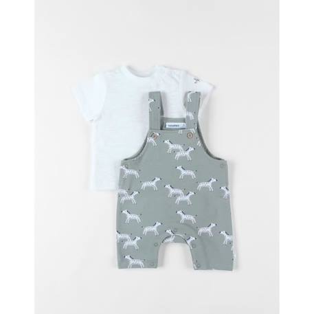 Bébé-Ensemble-Ensemble salopette zèbres + t-shirt écru/eucalyptus