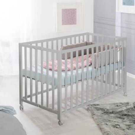 Lit Bébé Pliant en Bois Massif ROBA - Fold Up - Hauteur Réglable - Roulettes à Freins - Taupe GRIS 2 - vertbaudet enfant 