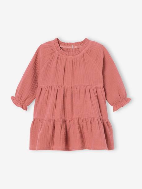 Robe à volants bébé fille en gaze de coton vert sauge+vieux rose 5 - vertbaudet enfant 