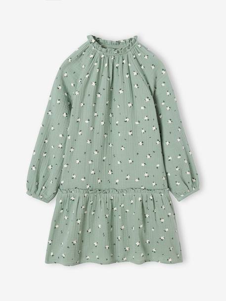 Robe en gaze de coton motifs fleurs fille anthracite+vert de gris 8 - vertbaudet enfant 