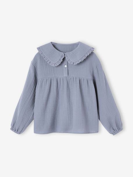 Blouse en gaze col Claudine fantaisie fille bleu grisé+vieux rose 1 - vertbaudet enfant 