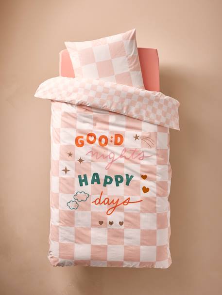 Parure housse de couette + taie oreiller enfant DAMIER GOOD VIBES, avec coton recyclé carreaux rose 2 - vertbaudet enfant 