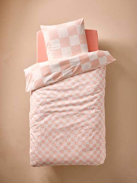 Parure housse de couette + taie oreiller enfant DAMIER GOOD VIBES, avec coton recyclé carreaux rose 8 - vertbaudet enfant 