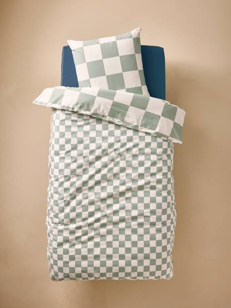 Parure housse de couette + taie d'oreiller enfant DAMIER FREESTYLE, avec coton recyclé carreaux vert 8 - vertbaudet enfant 