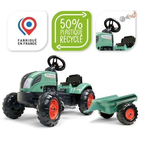 Tracteur à pédales Farm Lander avec remorque - FALK - Dès 2 ans - 100% Fabriqué en France - Contient 50% de plastique recyclé VERT 2 - vertbaudet enfant 