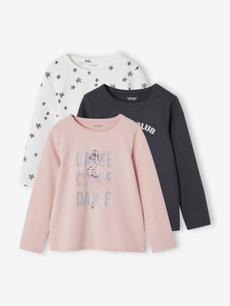 Lot de 3 t-shirts Basics fille manches longues anthracite+bleu grisé+lot blanc+marine+vert amande+vieux rose 1 - vertbaudet enfant 