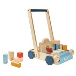 Jouet-Premier âge-Bascules, chariots de marche, trotteurs et porteurs-Chariot de marche Tendresse - Plan Toys - Pour Bébé de 12 mois et plus - 24 cubes en bois inclus