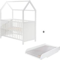 Chambre et rangement-Chambre-ROBA Lit Bébé Cabane 60x120 cm + Plan et Matelas à langer - Convertible en Lit Cododo - Hauteur Réglable - Bois Laqué Blanc