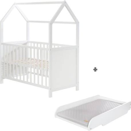 ROBA Lit Bébé Cabane 60x120 cm + Plan et Matelas à langer - Convertible en Lit Cododo - Hauteur Réglable - Bois Laqué Blanc BLANC 1 - vertbaudet enfant 