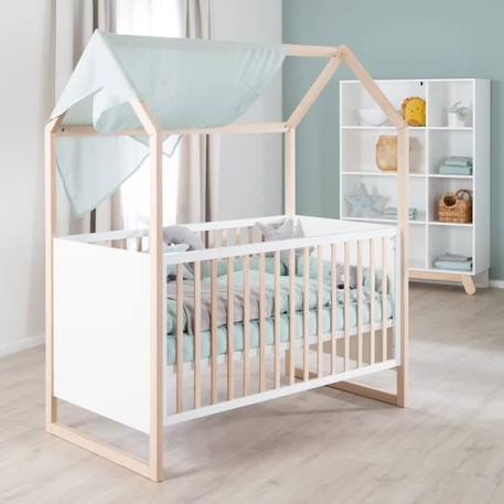 ROBA Lit Bébé Cabane 70 x 140 cm - Convertible + Réglable en Hauteur - Lit Évolutif avec 3 Barreaux Amovibles - Bois Naturel - Blanc BLANC 2 - vertbaudet enfant 