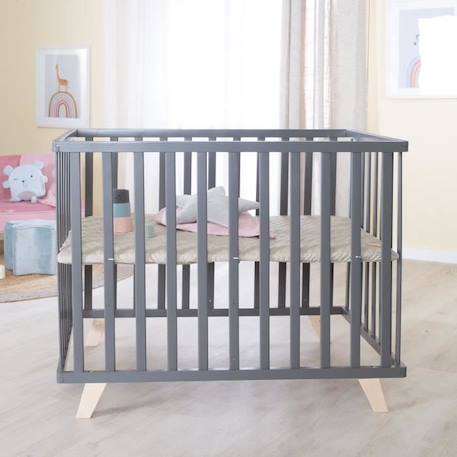 ROBA Parc Bébé 75 x 100 cm - avec Tapis Grège en Cuir PU Hydrofuge + Pieds en Bois Massif Bio - Hauteur Réglable - Anthracite NOIR 2 - vertbaudet enfant 