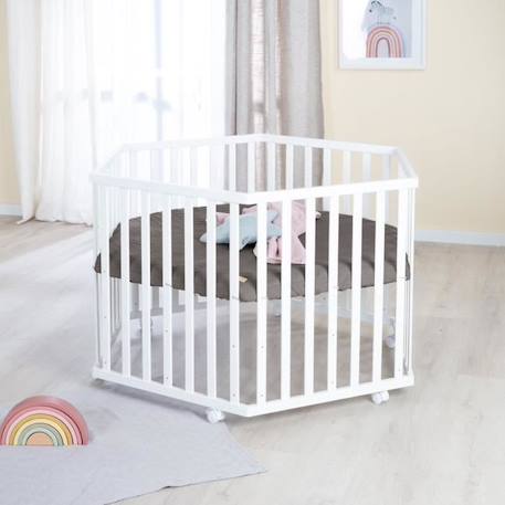 ROBA Parc Bébé Hexagonal - avec Tapis Anthracite en Cuir PU Hydrofuge + 6 Roulettes à Freins - Hauteur Réglable - Bois Blanc BLANC 2 - vertbaudet enfant 