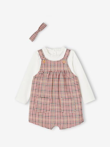 Ensemble salopette courte à carreaux + t-shirt et bandeau bébé fille bois de rose 1 - vertbaudet enfant 