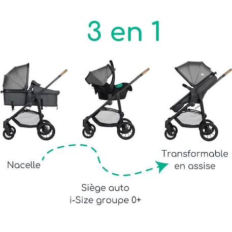 BEBECONFORT HAZE Poussette 3 en 1 i-Size - Nacelle + Siège auto Gr0+ Habillage pluie inclus - naissance jusqu'à 22Kg, Tinted Gray NOIR 2 - vertbaudet enfant 