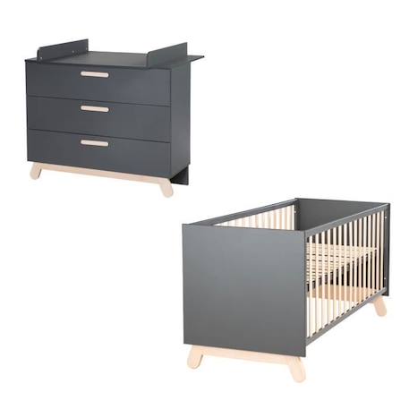 Chambre Bébé Duo Jara - Lit Évolutif 70x140 cm + Commode à Langer à 3 Tiroirs - Anthracite - ROBA GRIS 1 - vertbaudet enfant 