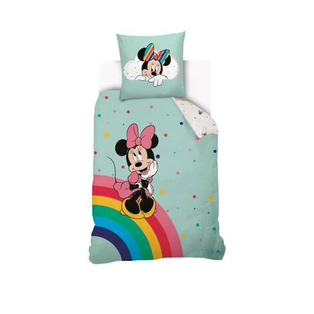 DISNEY - Housse de couette Minnie Disney Arc-en-ciel 140x200 cm + 1 Taie d'oreiller 63x63 cm - 100% Coton - Vert d'eau VERT 1 - vertbaudet enfant 