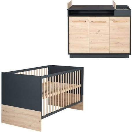 Chambre Bébé Duo Lenn - Lit Évolutif 70x140 cm + Commode à Langer - ROBA - Anthracite / Décor Bois NOIR 1 - vertbaudet enfant 