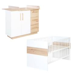 Chambre Bébé Duo Lion - ROBA - Lit Évolutif 70x140 cm - Blanc - Décor Bois  - vertbaudet enfant