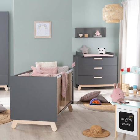 Chambre Bébé Duo Jara - Lit Évolutif 70x140 cm + Commode à Langer à 3 Tiroirs - Anthracite - ROBA GRIS 2 - vertbaudet enfant 