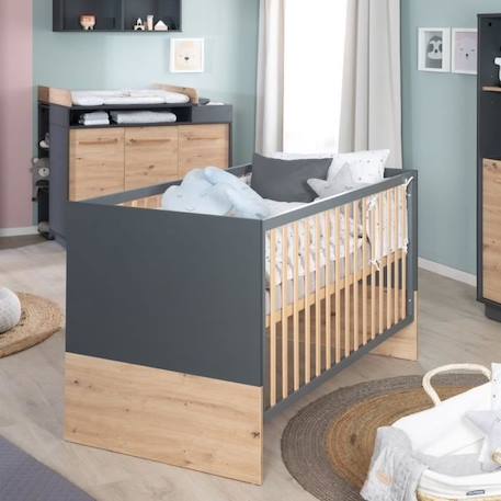 Chambre Bébé Duo Lenn - Lit Évolutif 70x140 cm + Commode à Langer - ROBA - Anthracite / Décor Bois NOIR 2 - vertbaudet enfant 