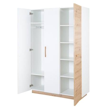 Armoire Bébé 3 Portes Battantes Lion - ROBA - Blanc / Chêne Artisan - Penderie et 6 Étagères BLANC 6 - vertbaudet enfant 