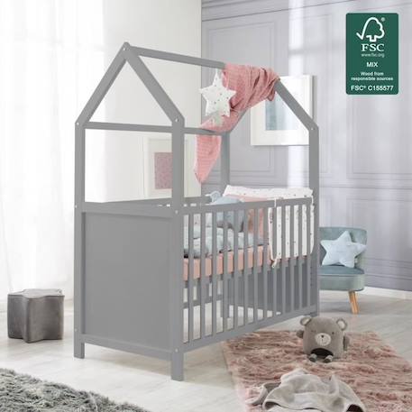 ROBA Lit Bébé Cabane 60x120 cm - Convertible en Lit Cododo - Réglable en Hauteur - Bois Laqué Gris GRIS 3 - vertbaudet enfant 