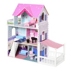 Jouet-Poupons et poupées-Maison de poupée en Bois HOMCOM - Grand réalisme - Multi-équipements - 3 Niveaux - Rose