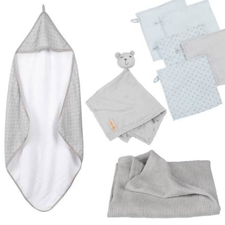 ROBA Coffret Bébé Lil Planet - 8 PCS - 1 Cape de Bain + 5 Gants de Toilette + 1 Doudou + 1 Couverture - Gris Argenté / Bleu  - vertbaudet enfant