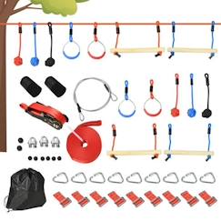 Jouet-Jeux de plein air-Outsunny Parcours d'obstacles ninja pour enfants AGRES DE BALANCOIRE 30 accessoires 10 m de slackline et sac de transport