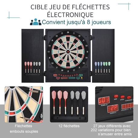 Cible jeu de fléchettes électronique HOMCOM - 27 jeux 202 variations - jusqu'à 8 joueurs - affichage LED - noir NOIR 4 - vertbaudet enfant 