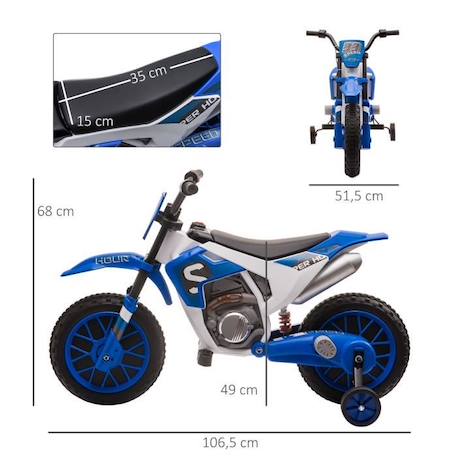 Moto Cross électrique pour Enfant HOMCOM - Bleu - 3 à 5 Ans - 12V - 3-8 Km/h - Roulettes latérales Amovibles BLEU 3 - vertbaudet enfant 