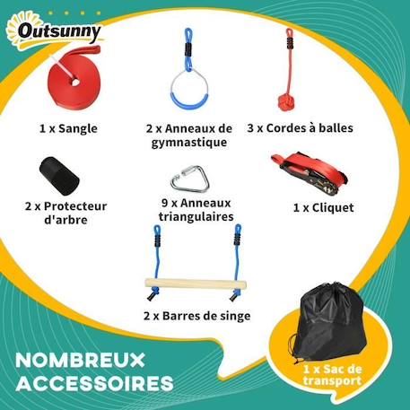 Outsunny Parcours d'obstacles ninja pour enfants AGRES DE BALANCOIRE 30 accessoires 10 m de slackline et sac de transport ROUGE 4 - vertbaudet enfant 