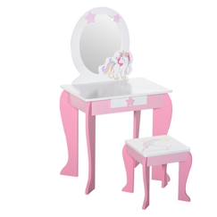 Chambre et rangement-Chambre-Coiffeuse Enfant Design Licorne - HOMCOM - Tabouret Inclus - Miroir - MDF - Rose Blanc