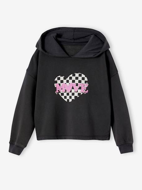 Sweat court à capuche sport fille motif coeur damier anthracite 1 - vertbaudet enfant 