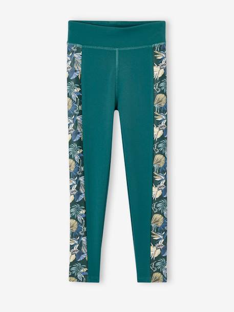 Legging sport matière technique fille bandes côtés fleurs exotiques vert émeraude 1 - vertbaudet enfant 